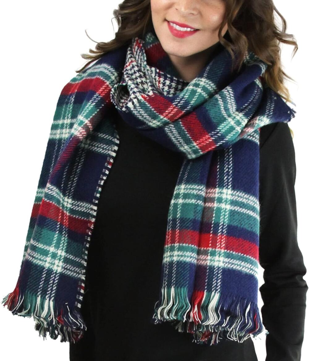 Women’s Blue White Red Green Plaid Soft Knit Blanket Scarf